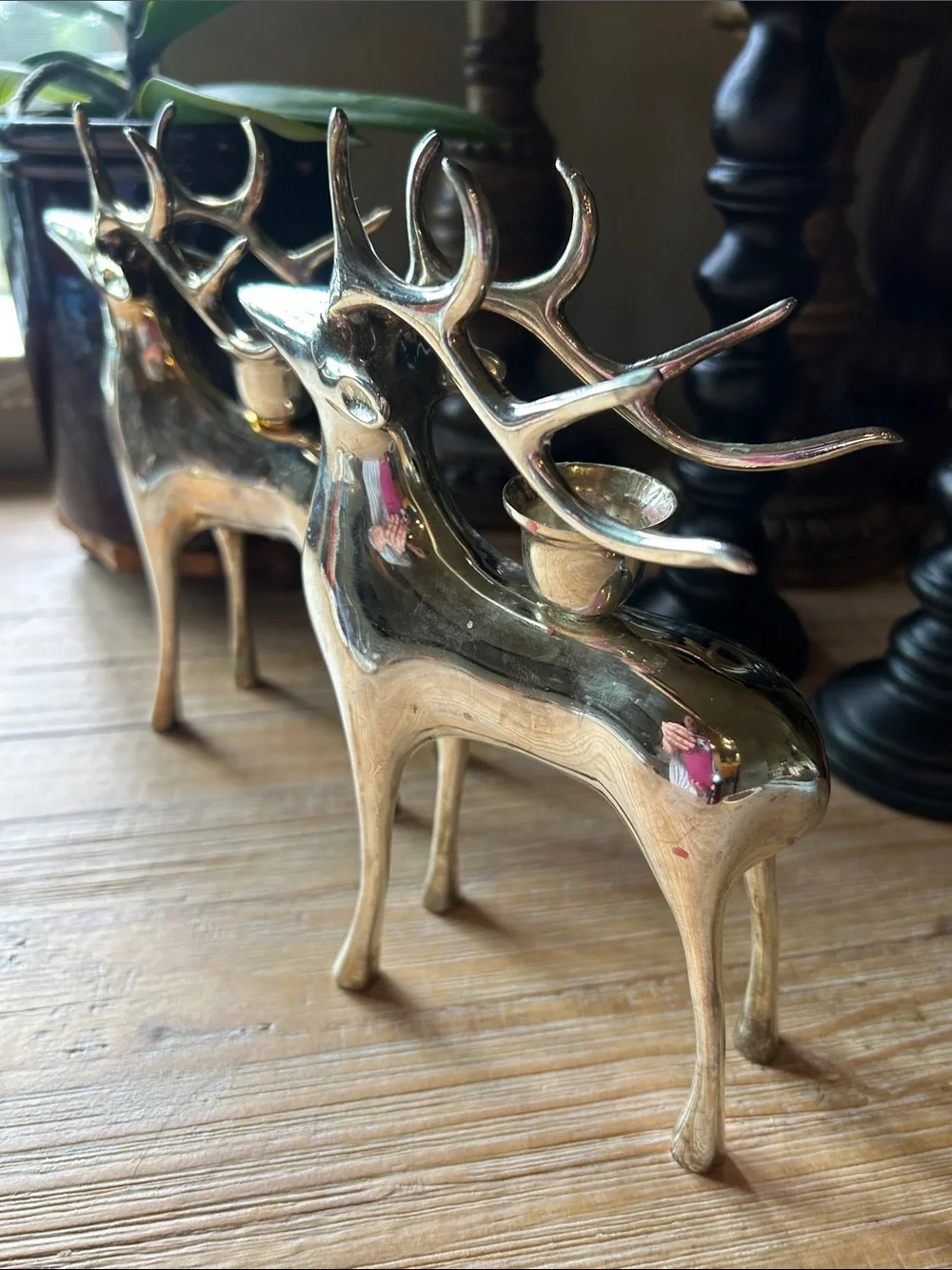 Silver plate Pottery Barn Christmas Reindeer Taper Candle Holder Set Of 2 Heavy